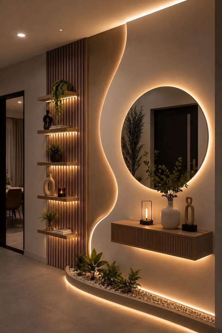 Modern LED Entryway Wall Design Ideas _ Luxury Console Table & Round Mirror Decor